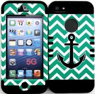 Hybrid Cover Case for Iphone 5 Anchor on Teal Chevron Pattern on Black Silicone Skin Gel Cell Phones & Accessories