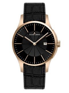 LONDON MENS WATCH   RG PLATED STAINLESS STEEL   BLACK DIAL by JACQUES LEMANS