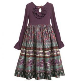 Size 6X BNJ 3994B PURPLE Ruffle Keyhole Neckline Bell Sleeve Rib Knit to Floral Print Dress,B63994 Bonnie Jean LITTLE GIRLS Clothing