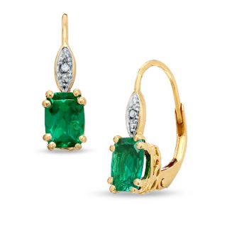 Lab Created Emerald Leverback Earrings in 14K Gold with Diamond