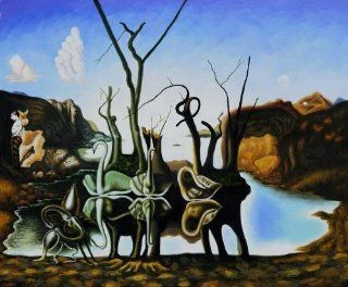 Art Reproduction Oil Painting   Dali Paintings Swans Reflecting Elephants   Classic 20" X 24"   Hand Painted Canvas Art  
