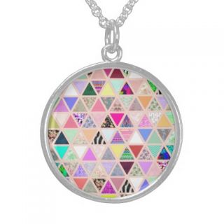 Vintage Abstract Floral Triangles Pastel Patchwork Sterling Silver Necklace