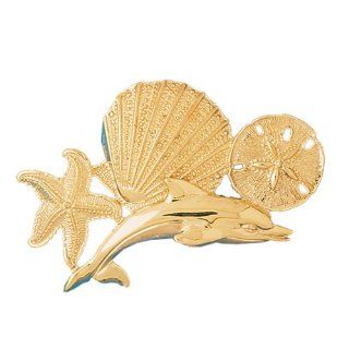 14K Yellow Gold Dolphins, Starfish, Shell And Sand Dollar Pendant Pendant Necklaces Jewelry