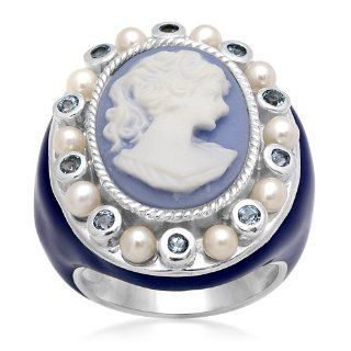 Sterling Silver Synthetic Baby Blue Topaz, Freshwater Cultured Pearl and Blue Cameo Ring, Size 7 Jewelry