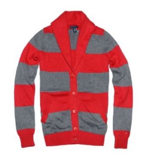 Tommy Hilfiger Women Striped Shawl Collar V Neck Cardigan Sweater (XXL, Red/grey)
