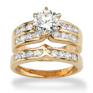Royal Palm Jewelry 512496 2.89 TCW Round Cubic Zirconia 14k Gold Plated Triple Channel Bridal Engagment Ring Wedding Band Set   Size 6 Royal Palm Jewelry Jewelry