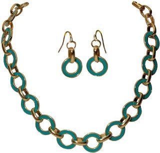 Blue & Goldtone Link Chain Circle Hoop Loop Ring Round Statement Necklace & Earrings Fashion Jewelry Jewelry