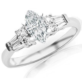 0.95 Carat Marquise Cut / Shape 14K White Gold Prong Set Round And Baguette Diamond Engagement Ring ( H I Color, SI1 Clarity ) Diamond Solitaire Engagement Rings Jewelry