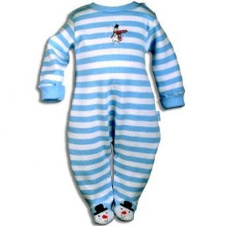 Letop Frosty Friends White Stripe Thermal Weave Footed Coverall Button Snowman, Blizard Blu, 3 Months Clothing