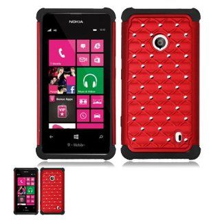 Nokia Lumia 521 Red And Black Studded Diamond Rhinestone Bling Hybrid Protector Cover Case Cell Phones & Accessories
