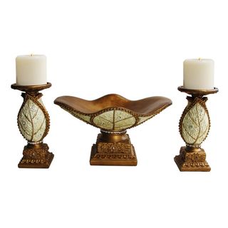 Decorative 3 Piece Candle Holder Set ivory And Gold With Jeweled And Glitter Finish