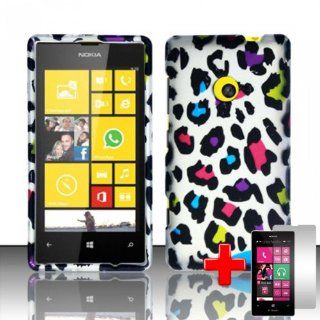 Nokia Lumia 521 (T Mobile) 2 Piece Snap on Rubberized Image Case Cover, MultiColor Cheetah Spot Pattern White Cover + LCD Clear Screen Saver Protector Cell Phones & Accessories