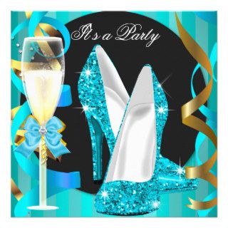 Glitter Teal Gold Shoes Champagne Party 3 Personalized Announcement