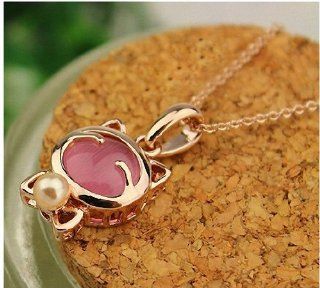 U beauty Lucky Cat Pink Cat's Eye Opal Stone Bow Pearl Pendant Necklace Beauty
