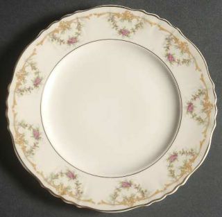 Syracuse Wardell Salad Plate, Fine China Dinnerware   Tan Scrolls,Pink Roses,Sca