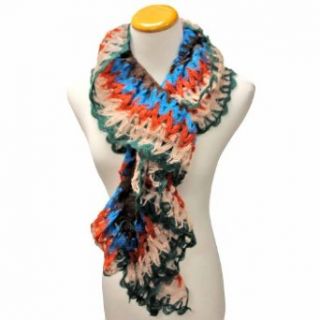 Luxury Divas Blue Orange & Green Multi Color Ruffled Crochet Knit Long Scarf Fashion Scarves