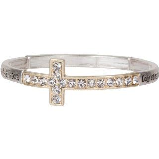 Heirloom Finds Serenity Prayer Sideways Crystal Cross Stretch Bracelet Matte Silver and Gold Tone Jewelry