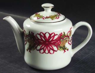 Sadek Christmas Garland Teapot & Lid, Fine China Dinnerware   Red Ribbon, Holly,