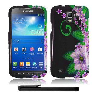 Artistic Design Samsung Galaxy S4 Active i537 / i9295 (AT&T) Hard Protector Cover Case + Bonus Long Arch 5.5" Baby Blue Screen Cleaning Cloth + Bonus 4" Metallic Black Capacitive Stylus Pen (Green Pink Flower on Black) Electronics
