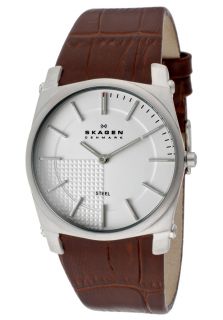 Skagen 859LSLC  Watches,Mens White Dial Brown Genuine Leather, Casual Skagen Quartz Watches