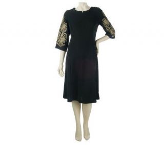 Bob Mackies Scoop Neck Dress with Embroidered Sleeve Detail —