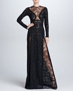 Womens Long Sleeve Lace Gown, Black   Elie Saab