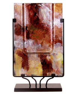 Cressida Glassware Signature 18 Inch Abstract Rectangle Vase with Metal Stand, Maroon, Gold Leaf and White  