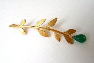 gold plate minty leaf brooch with gemstone by blossoming branch