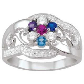 Mothers Birthstone and Diamond Accent Filigree Flower Family Ring in