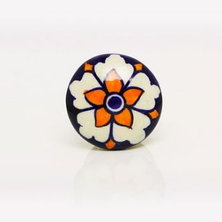 ceramic teffa flower knob in orange and blue by trinca ferro