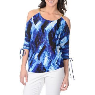 Isabella Rodriguez Womens Blue Geometric Print 3/4 Dolman Sleeve Top
