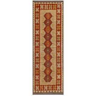 Afghan Hand knotted Mimana Kilim Red/ Light Brown Wool Rug (2'2 x 6'5) Runner Rugs