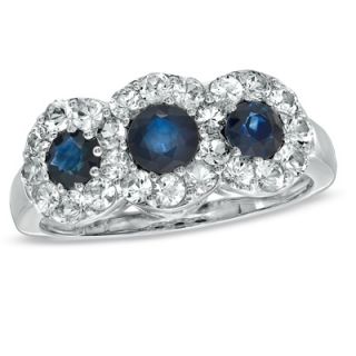 Blue and White Sapphire Three Stone Framed Ring in Sterling Silver