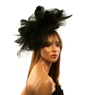 Big Tulle Mesh Feathers Fishnet Headband Fascinator Bridal Cocktail Hat Black Clothing