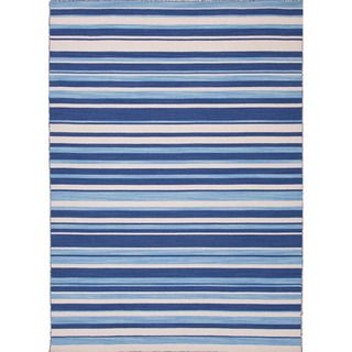 Handmade Flat Weave Stripe Pattern Durable Blue Wool Rug (5 X 8)