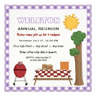 BBQ cookout family reunion, purple gingham border Personalized Invite