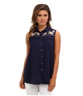 Angie Western Embroidered Trim Shirt Womens Blouse (Navy)