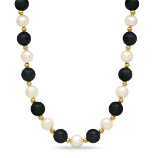 0mm Cultured Freshwater Pearl and Black Jade Necklace in 14K Gold