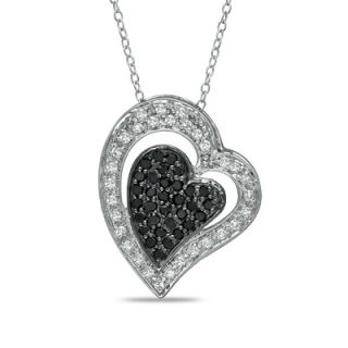CT. T.W. Enhanced Black and White Diamond Tilted Heart Pendant in