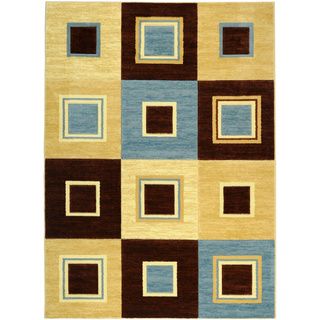 Hand carved Geometric Boxes Blue/ Beige Area Rug (53 X 72)