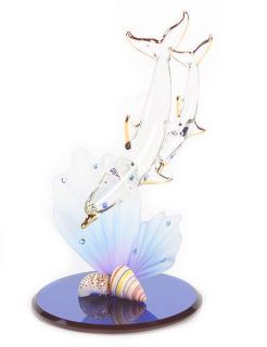 Glass Baron Dolphin & Baby on Blue Coral on Mirror Base —