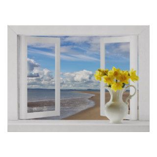 At the Beach    Open Window View with Daffodils Posters