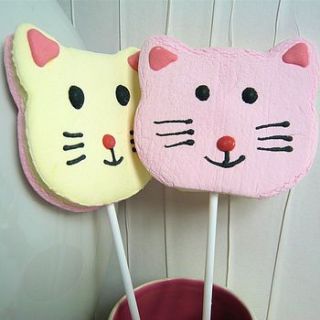 two cat shaped marshmallow lollies by chocolate by cocoapod chocolate