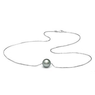 AAA Quality, 10.0 11.0 mm, Solitaire Collection Black Tahitian Pearl Solitaire Necklace, 16 inch, 14k White Gold Chain Pendant Necklaces Jewelry