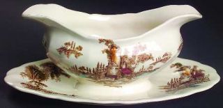 Johnson Brothers Old Mill, The Brown/Multicolor Gravy Boat with Attached Underpl