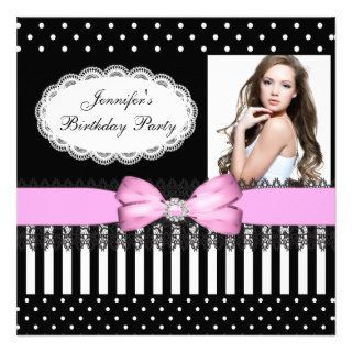 Birthday Party Pink Bow Black White Polka Dots Custom Invitations