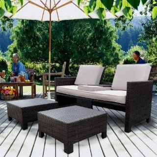 OUTT Outdoor Rattan Patio Furniture Settee & Ottomans Set 3pc Wicker Set w/ Cushions  Patio, Lawn & Garden