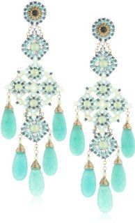 Miguel Ases Prehnite and Green Quartz 5 Stone Chandelier Drop Earrings Jewelry