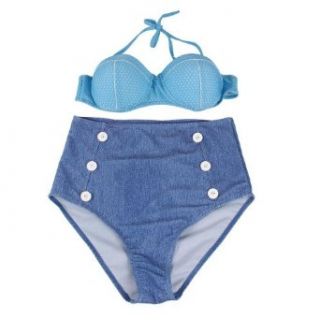 Cocoship Retro High Waist Pin up Bikini Sets Polka Top+denim Bottom Swimsuits Clothing