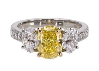 Platinum and 18k Yellow Gold Fancy Vivid Yellow Cushion Cut Diamond Ring (GIA Certified 2.12 ct center, 3.57 cttw), Size 6 Jewelry